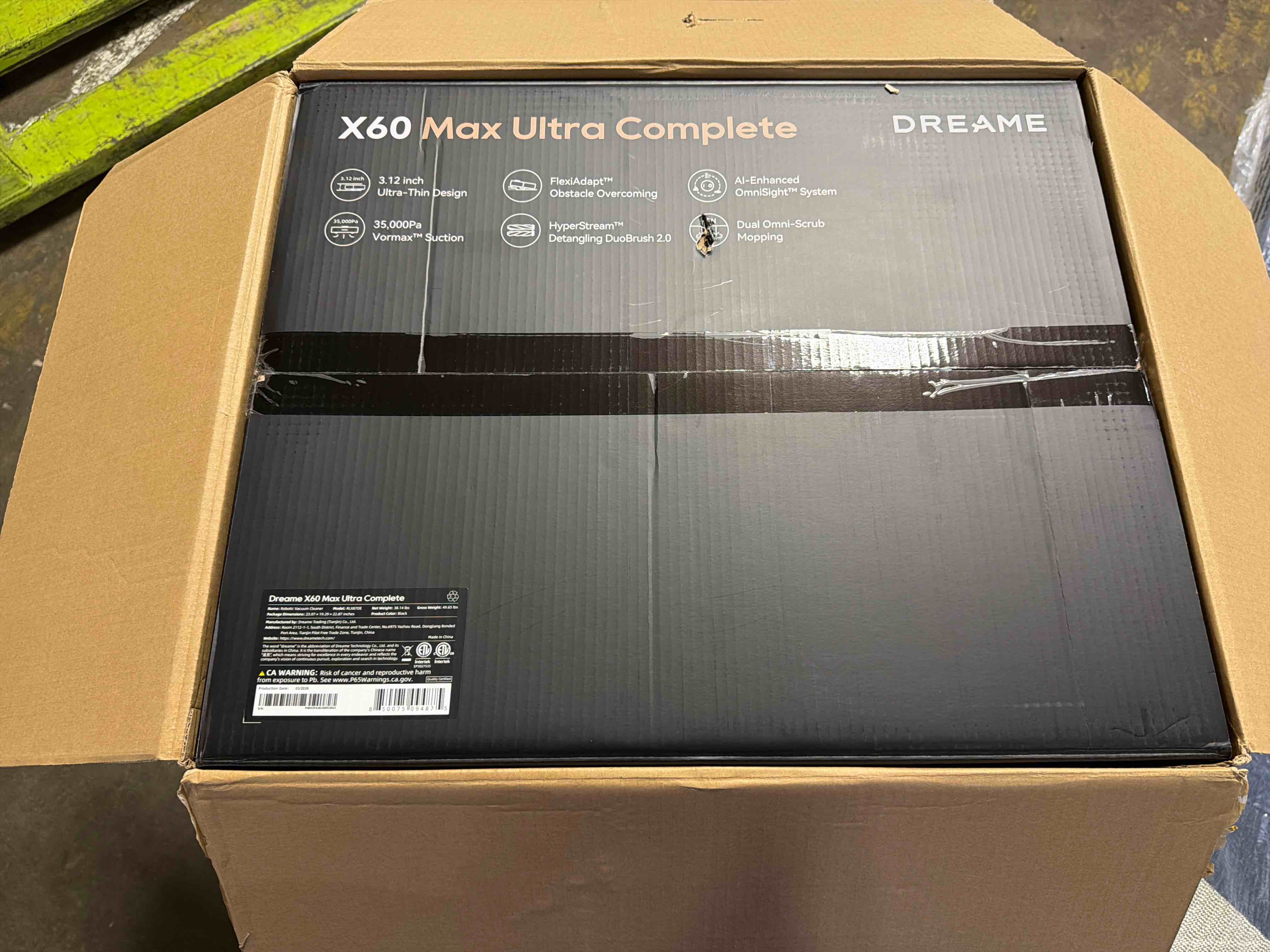Condition photo showing New/Like New for dreame x60 max ultra complete black robot vacuum and mop, upgraded from x50 series, 3.13in (7.95cm) ultra-thin design, 35,000pa suction, self emptying&refilling, mop self-cleaning, 280+ obstacle avoidance, new in box (located in office)