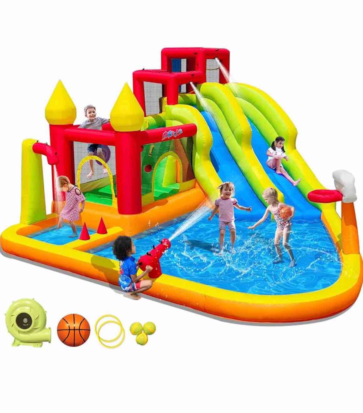Inflatable Bounce House with Slides, Inflatable Water Slide for Kids Backyard, Bounce Water Prak with Air Blower, Splash Pool, Water Cannon, Climbing Wall, Outdoor Backyard Water Park