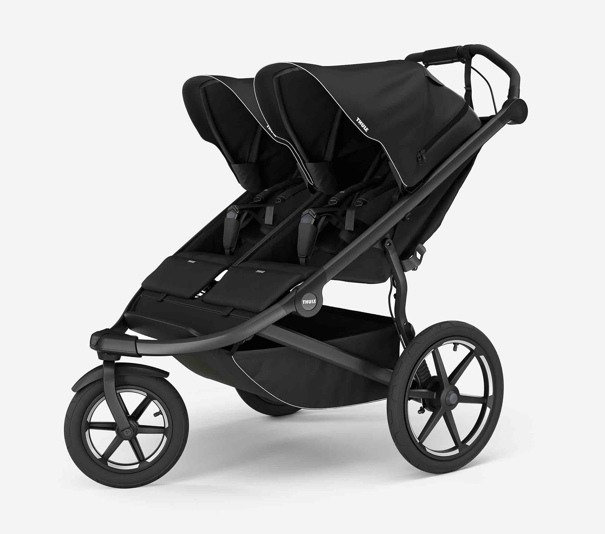 thule urban glide 3 double child all-terrain stroller, lightweight, air-filled tires & suspension, integrated hand brake, spacious cargo basket, peak a boo window,