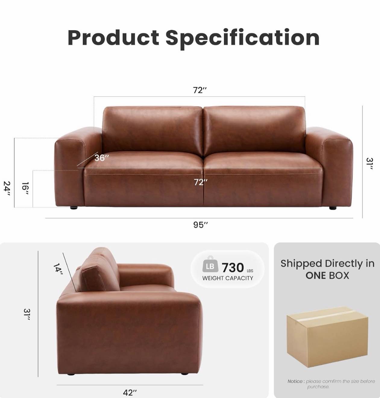 Condition photo showing Good Condition for colamy mondo leather modern minimalist sofa, auburn brown, overall dimensions 42"d x 95.5"w x 35.5"h, scratch and dent item(pictured)