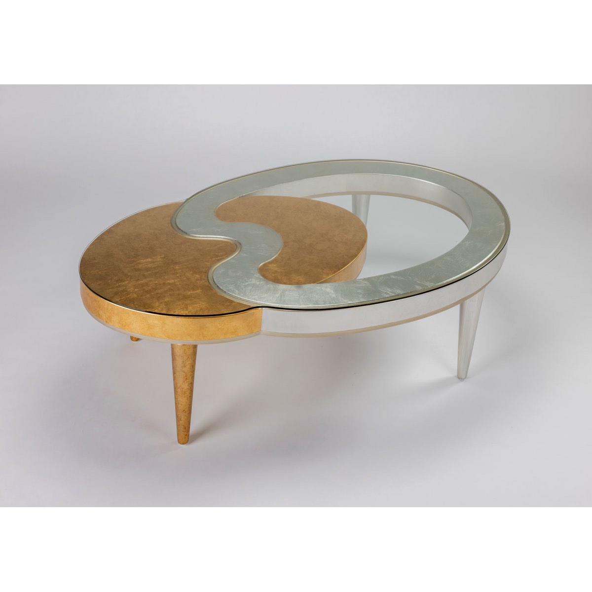 Condition photo showing New/Like New for midcentury luxury coffee table in silver and gold with glass top 18 h x 60 w x 36 d