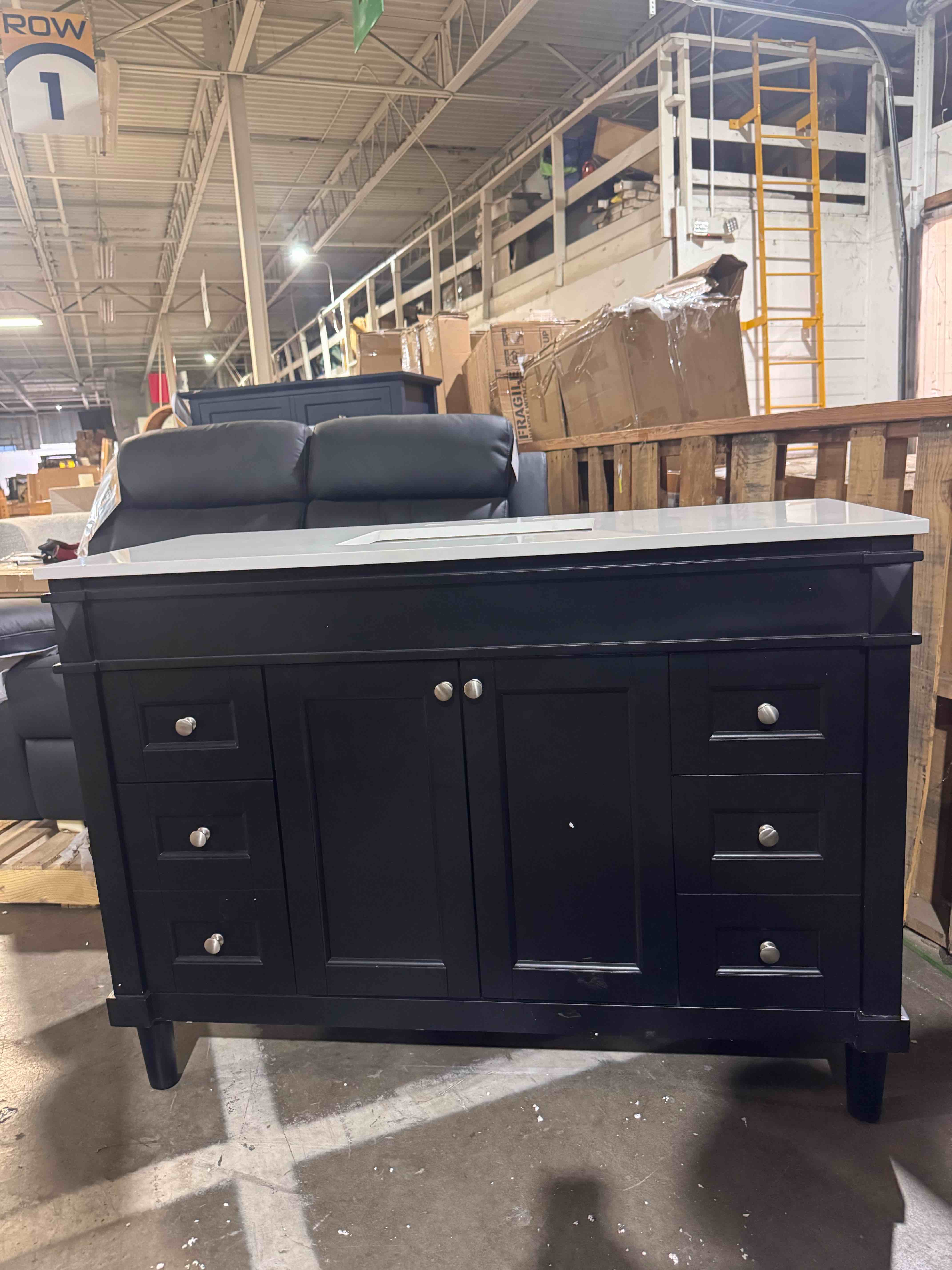 Condition photo showing New/Like New for bennett 48" free standing single basin vanity set with cabinet and engineered marble vanity top (minor scratches and dents) 21 x 35 x 48