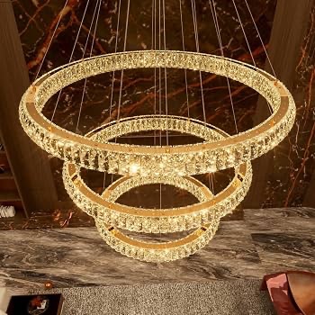 3 ring modern crystal chandelier dimmable ring pendant light round chandeliers for high ceiling living room dining room bedroom gold (new in box) 40 x 118 max