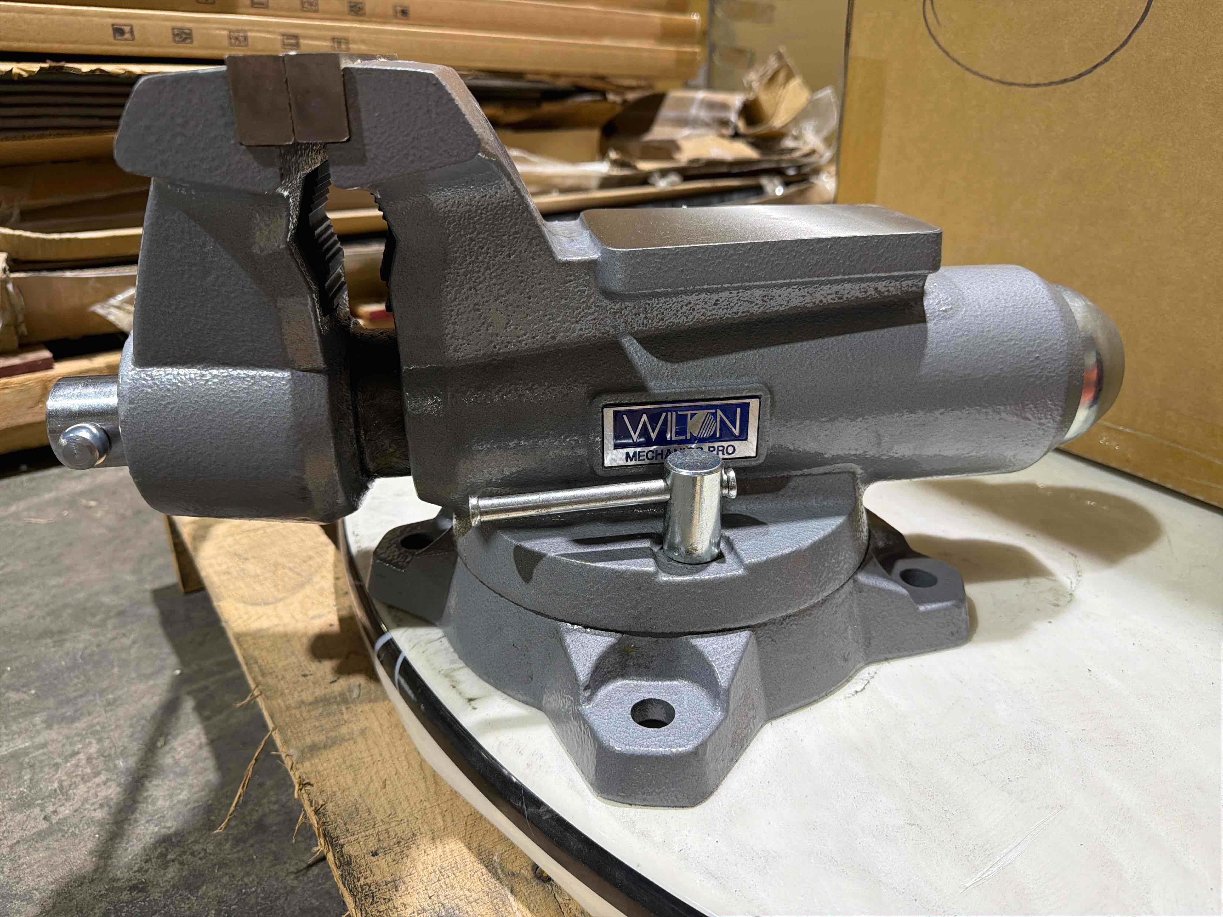 Condition photo showing New/Like New for wilton mechanics pro bench vise, 8inch jaw width, 8-1/2 jaw opening, 4-1/2 throat (model 880m), 360 base, (located in security)