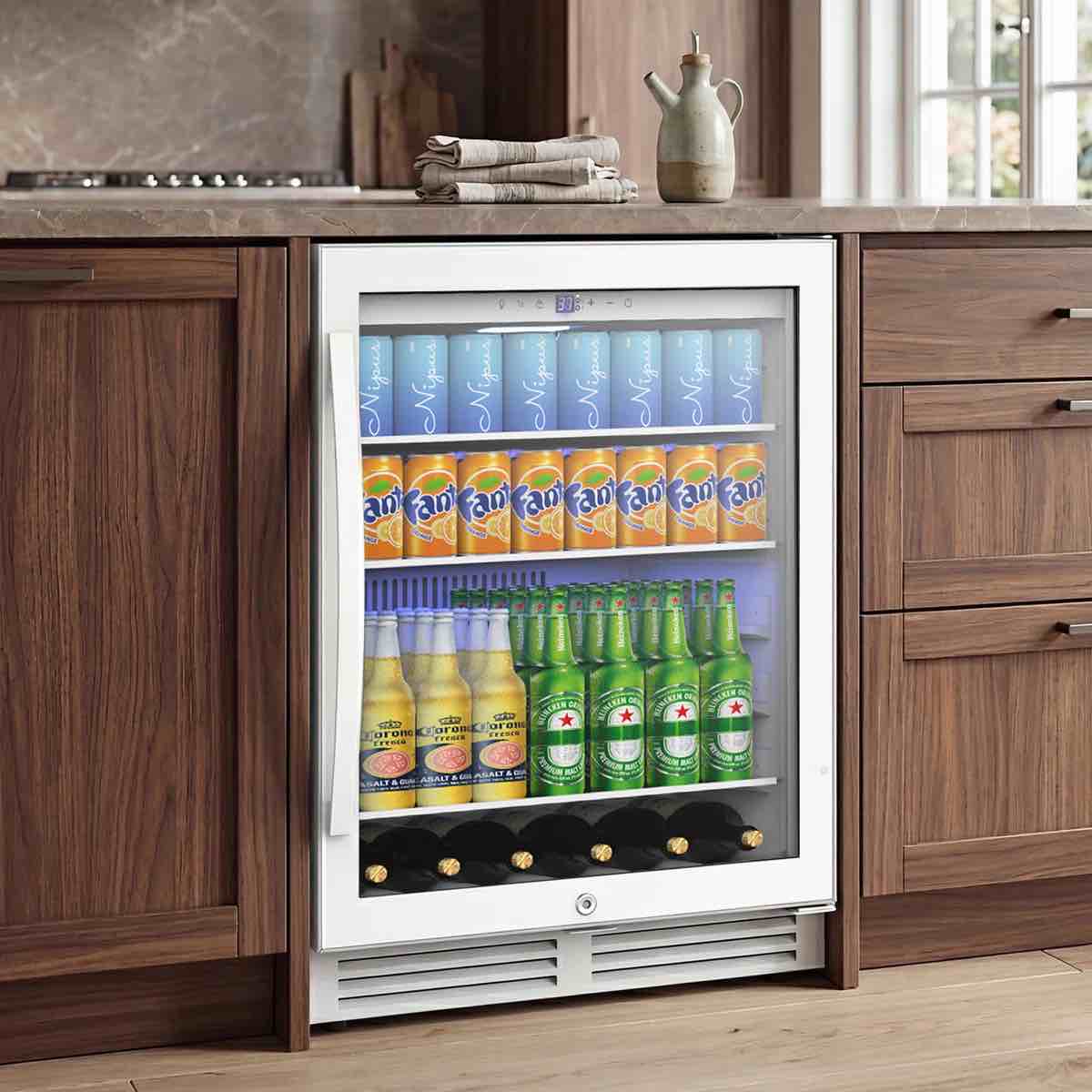 24inch beverage refrigerator, 190 can built-in and freestanding cooler with glass door, led light, safety lock for beer, wine, soda, drinks, classic series, in white