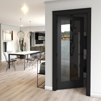 Condition photo showing New/Like New for 32-in x 80-in black 1-panel clear glass smooth solid core prefinished pine interior slab door (in box) 32 x 80