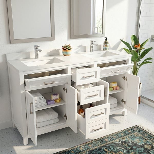 Condition photo showing New/Like New for acroma 60inch white bathroom vanity with ceramic double sinks, overall dimensions 60 w x 19 d x 37.48 h, new in box