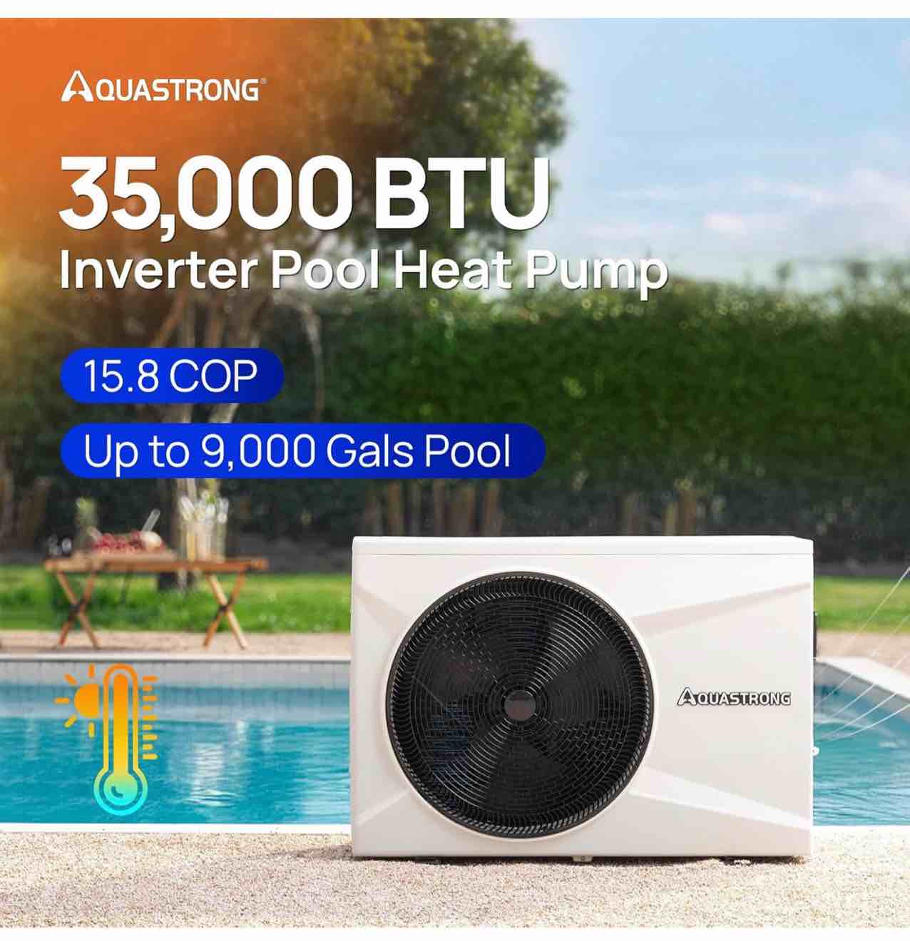 Condition photo showing New/Like New for aquastrong inverter swimming pool heat pump, 35,000 btu/9,000 gallon electric pool heater for above ground and inground pool, wifi capable timer, heating and cooling pool heater 120v, (damaged box)
