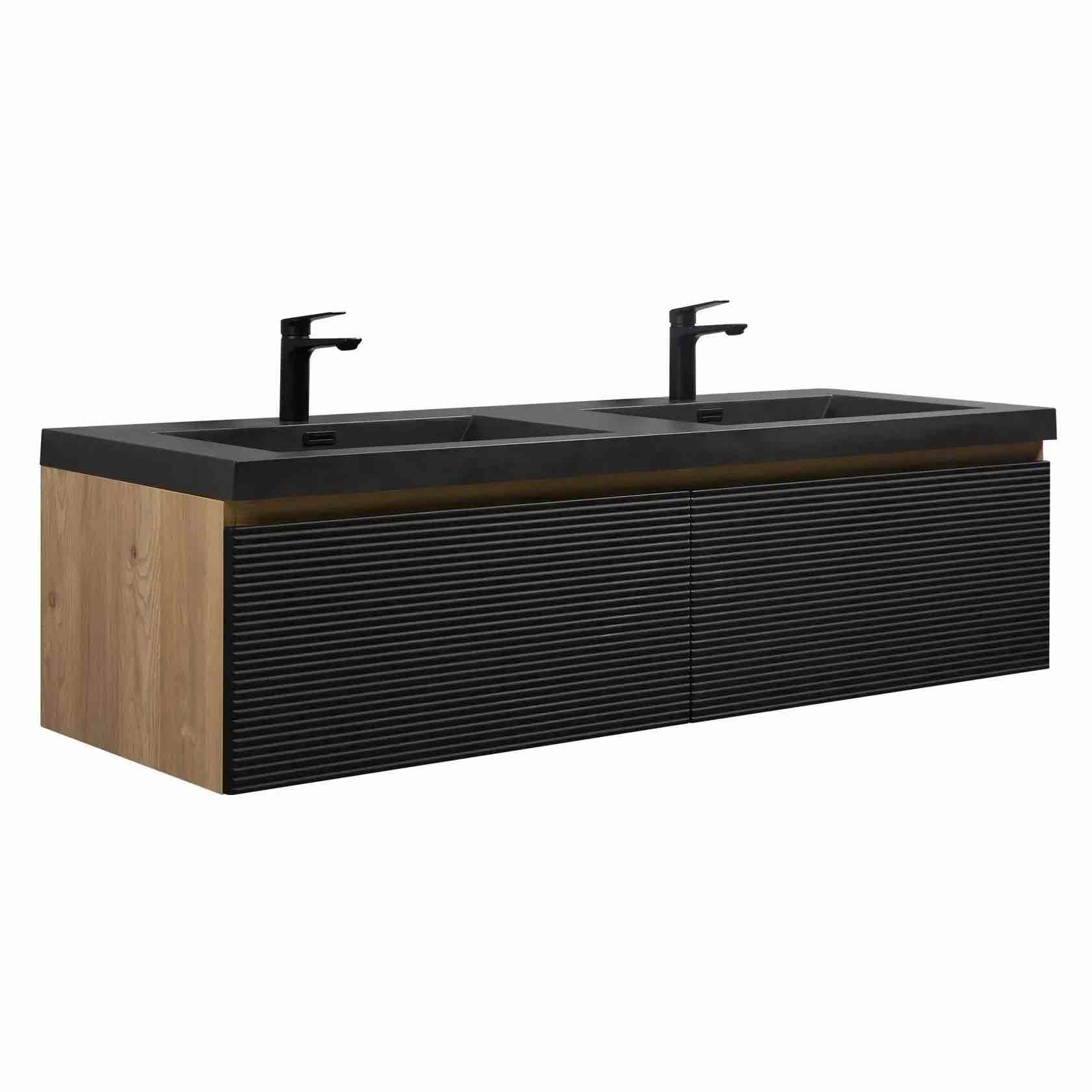 Condition photo showing New/Like New for crius 60” black floating double bathroom vanity (vanity cabinet only)