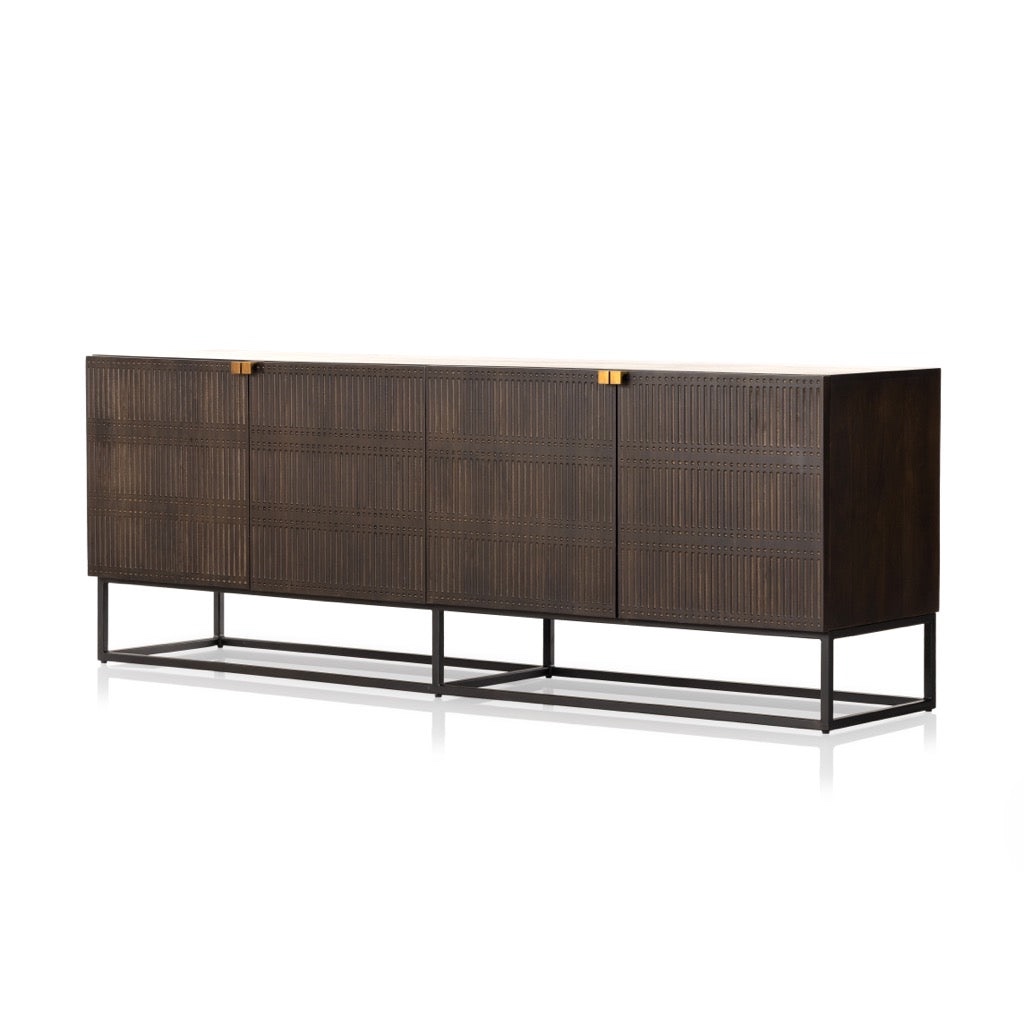 Condition photo showing New/Like New for kelby sideboard - carved vintage brown 79.00 w x 18.00 d x 28.00 h