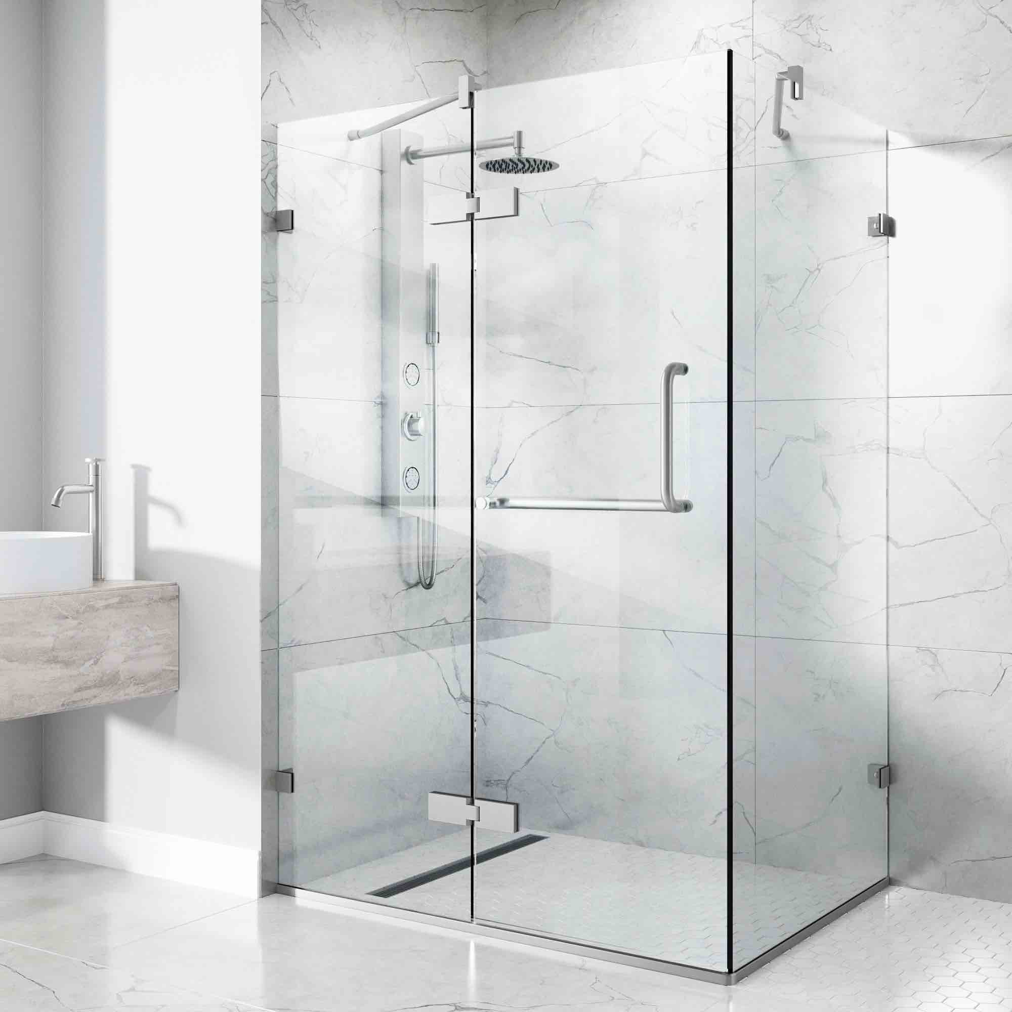 Condition photo showing New/Like New for 30 in. w x 38 in. l x 73 in. h frameless rectangular shower enclosure with 3/8" clear glass in brushed nickel (new in box)