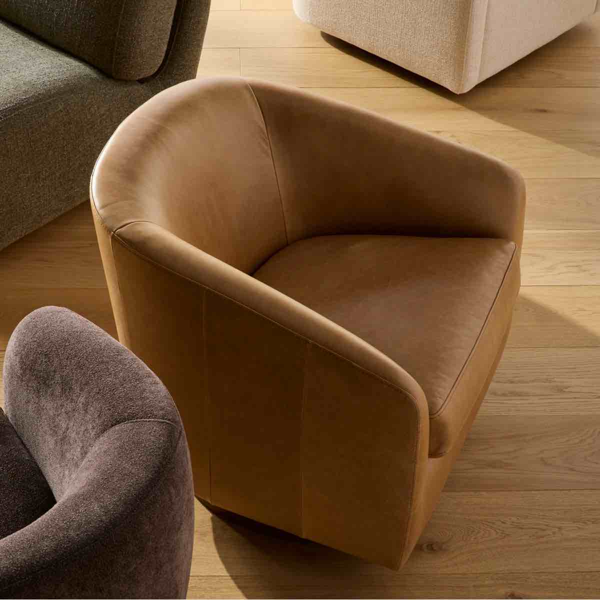 Condition photo showing New/Like New for bennett genuine leather swivel barrel chair (new in box) 28.3'' h x 31.1'' w x 31.1'' d