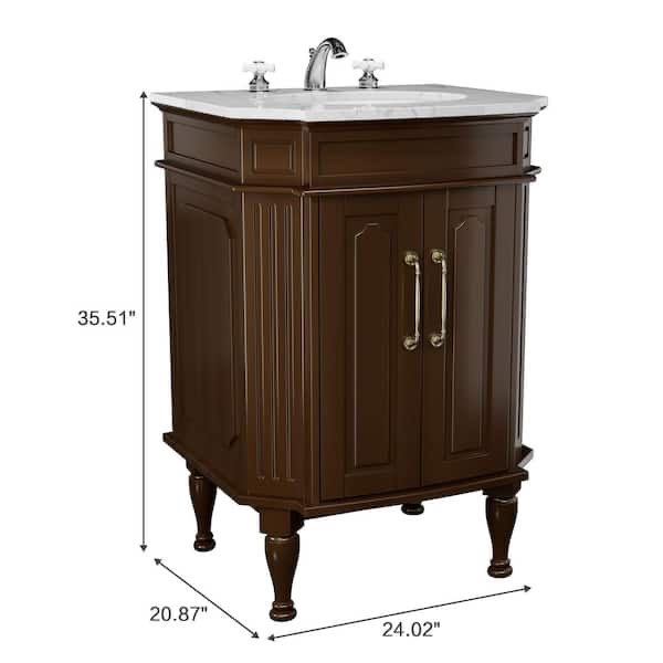 Condition photo showing New/Like New for 24 in. brown wood single sink freestanding bathroom vanity with white marble top (assembled) 24 x 21 x 34