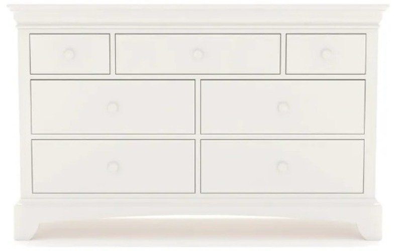 Condition photo showing New/Like New for neopolitan 7 drawer dresser in bright white 57 h x 22 w x 38 d