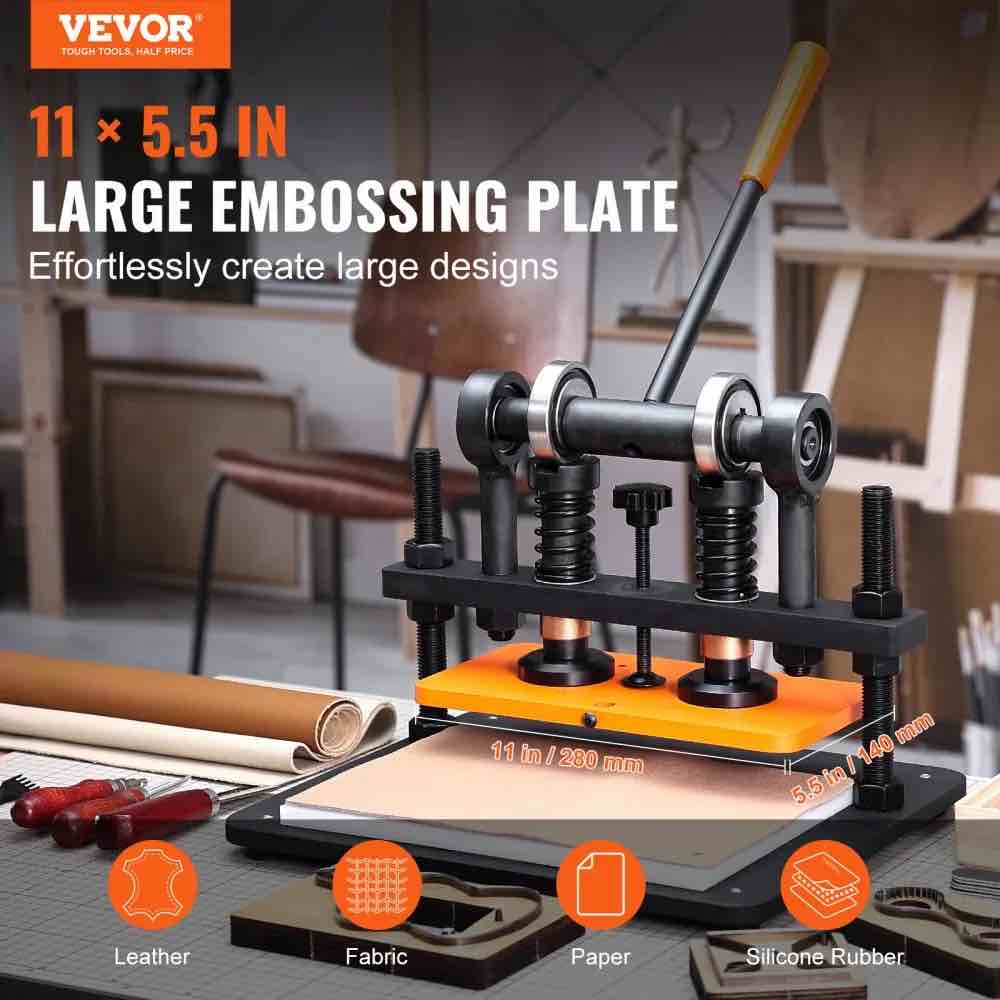 Condition photo showing New/Like New for vevor leather cutting machine, 11 x 5.5 in embossing plate manual die cutter, 0.47 in pressure stroke dual guide shafts die cut machine (in box) 14.9 x 12.6 x 18.7 in
