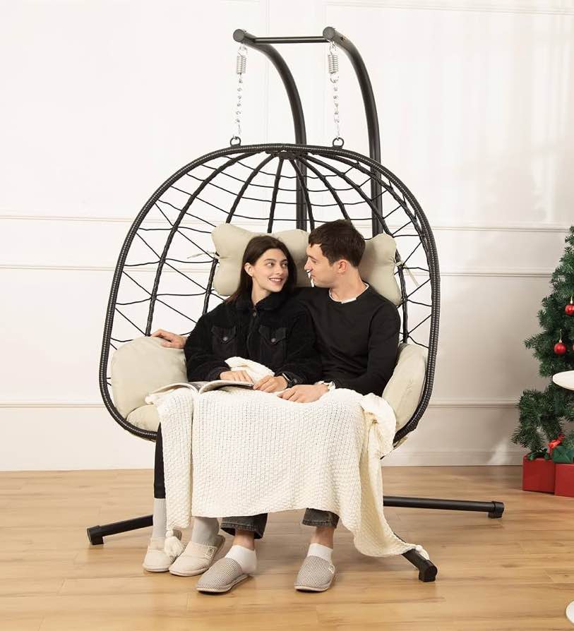 double egg chair with stand hammock swing chair foldable hanging loveseat, uv resistant removable cushions, 700lbs capacity for bedroom, balcony, garden(bk-be) 46.5"l × 10.2"w