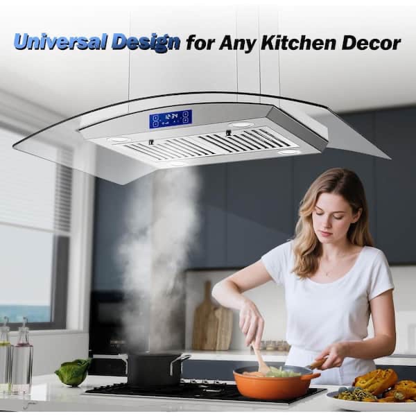 Condition photo showing New/Like New for island range hood 36 inch 700 cfm ceiling mount kitchen stove hood ducted with tempered glass 4 led lights touch control (in box) h 42.1 in, w 35.2 in, d 23.6 in