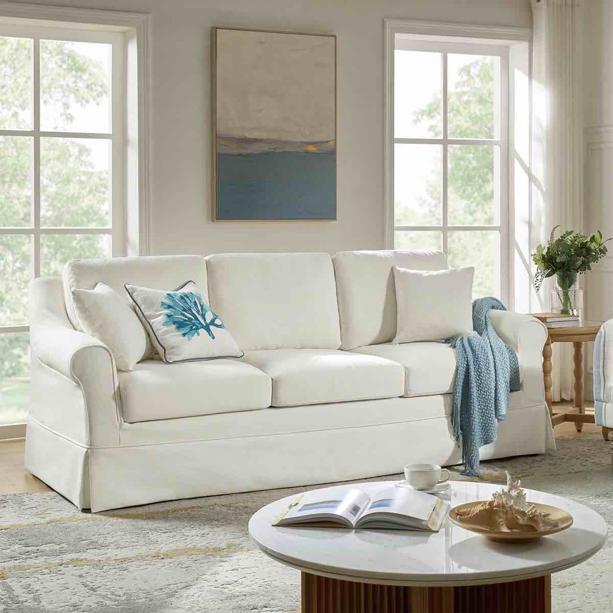 Condition photo showing New/Like New for wimberly 88" farmhouse down fill slipcovered sofa with rolled arm (slip cover may need washed) 36'' h x 88'' w x 35'' d