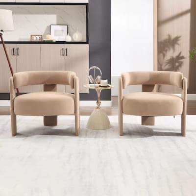 Condition photo showing New/Like New for set of 2 modern 28in khaki velvet wood frame accent chair lounge chairs (scratch and dent) 31.50 in d x 27.17 in w x 27.56 in h