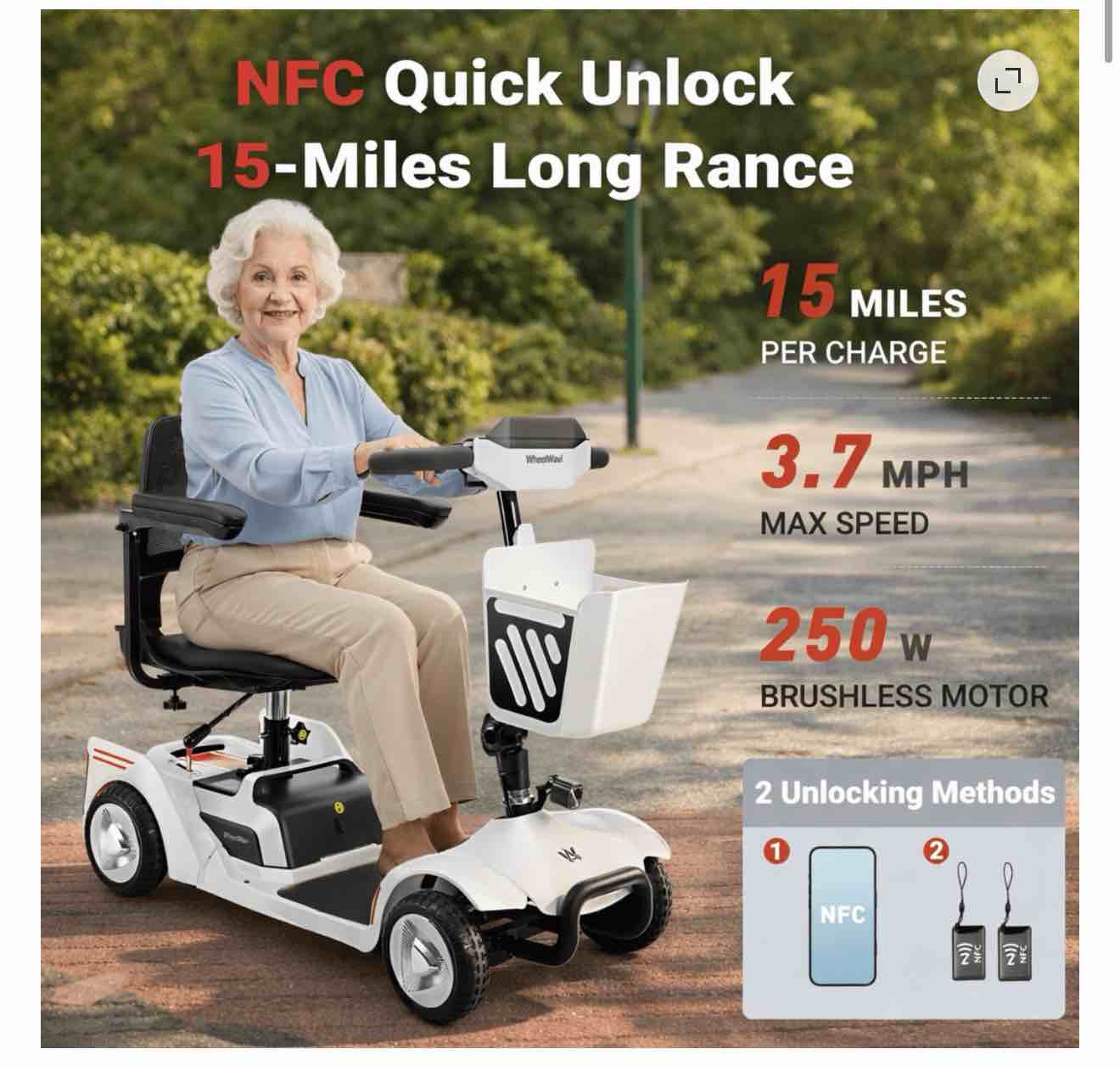 Condition photo showing New/Like New for white 15-mile range 4-wheel mobility scooter for adults & seniors, foldable, nfc smart unlock, 300 ibs capacity, swivel seat, digital display, indoor, outdoor