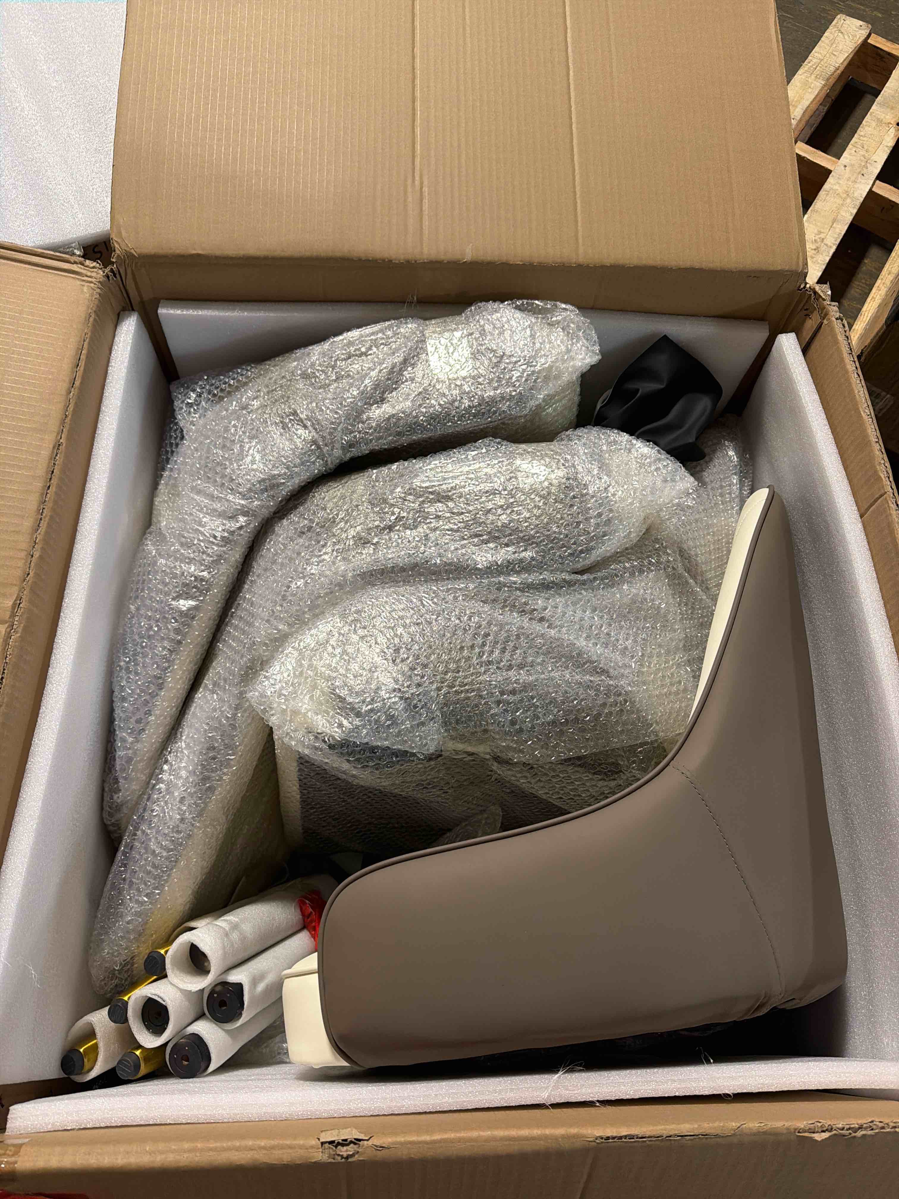 Condition photo showing New/Like New for mid century modern grey & white chairs, black wooden legs with gold tips, set of 4