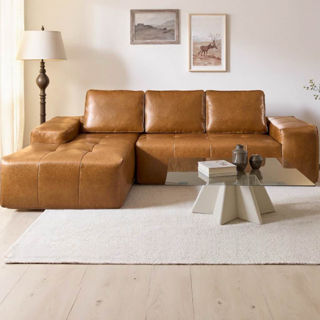 Condition photo showing New/Like New for looplux boneless boneless cloud sectional sofa, l-shaped faux leather couch with chaise, deep seat memory foam sofa in a box, no assembly required, left-facing 22.44 x 114.17 x 69