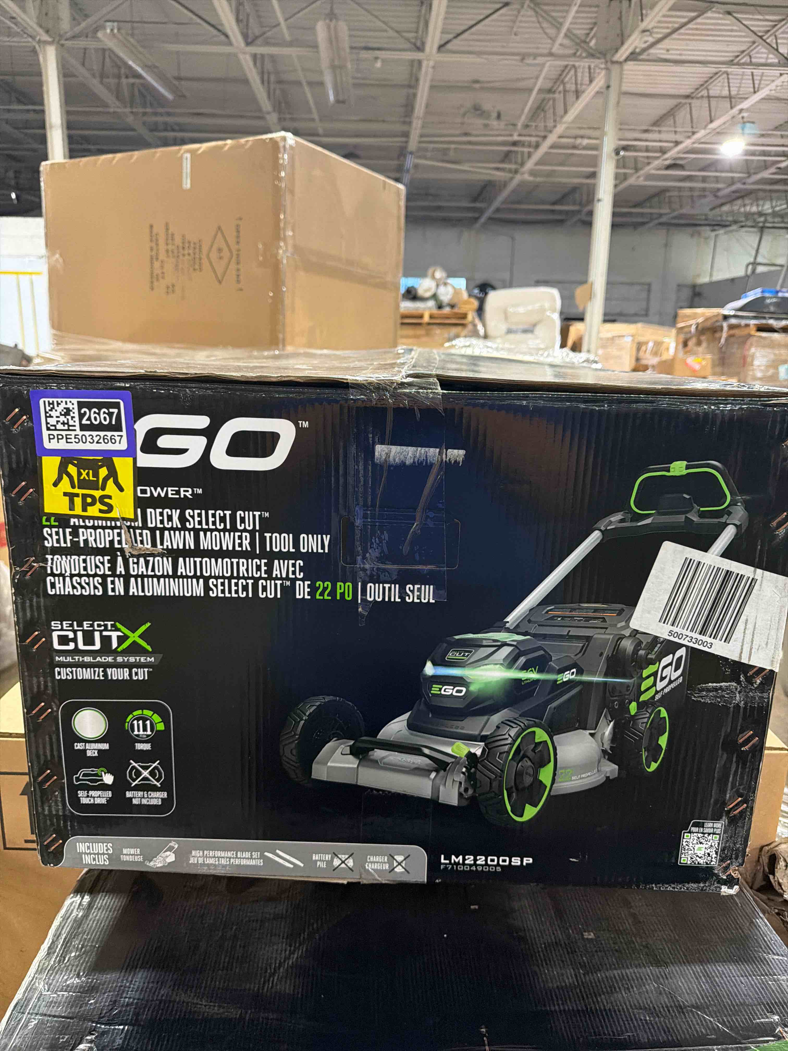 Condition photo showing New/Like New for ego power+ electric lawn mower, self-propelled cordless with 22" aluminum deck, select cut and touch drive, battery and charger not included - lm2200sp