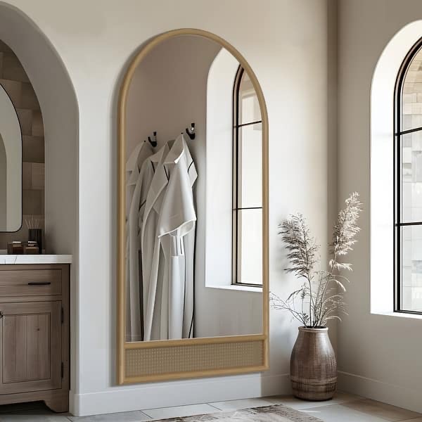 71" x 37" arched full length mirror solid wood frame full body mirror with hand-woven rattan decor