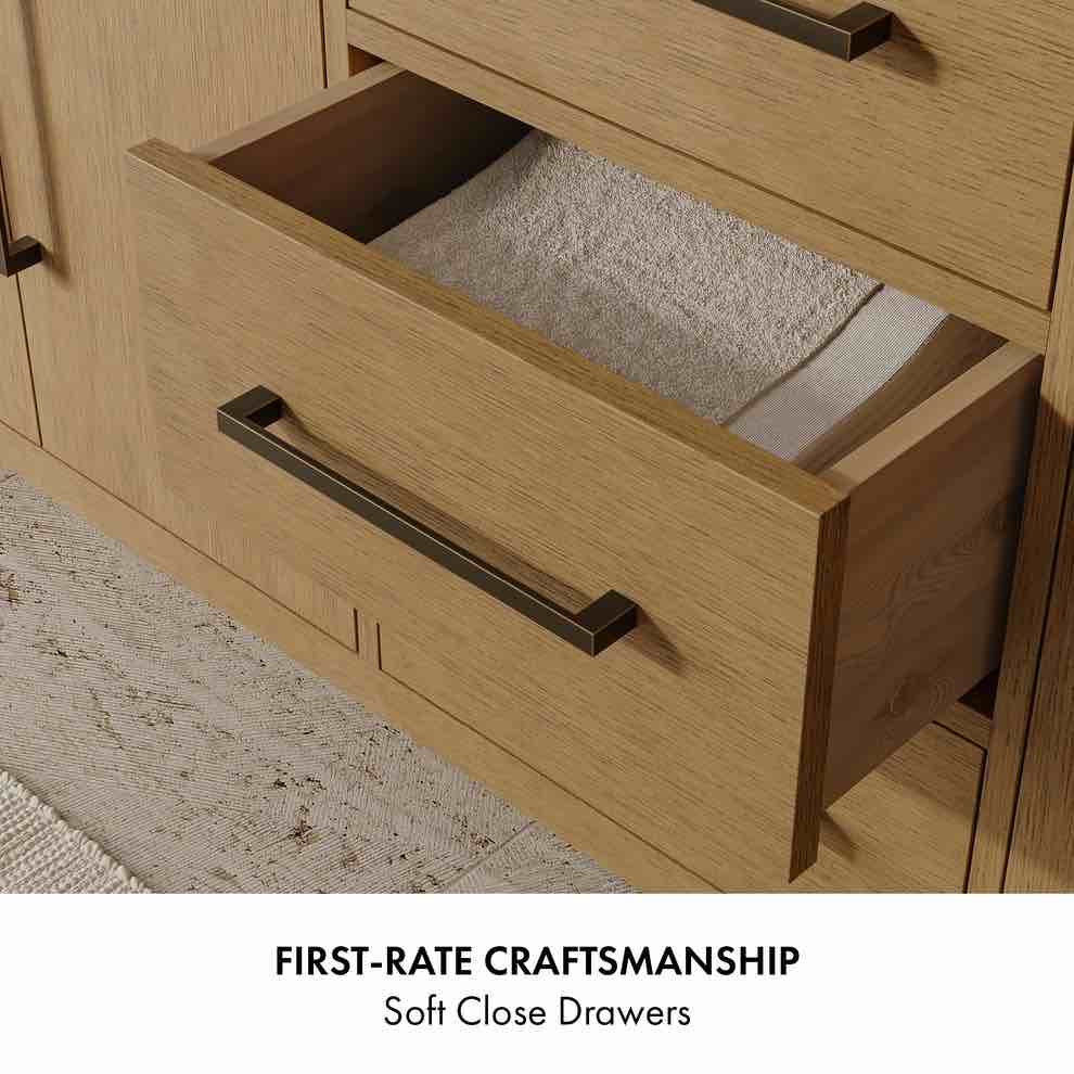 Condition photo showing New/Like New for bergen 36" single bathroom vanity in brushed oak and natural marble top 36 x 22 x 34
