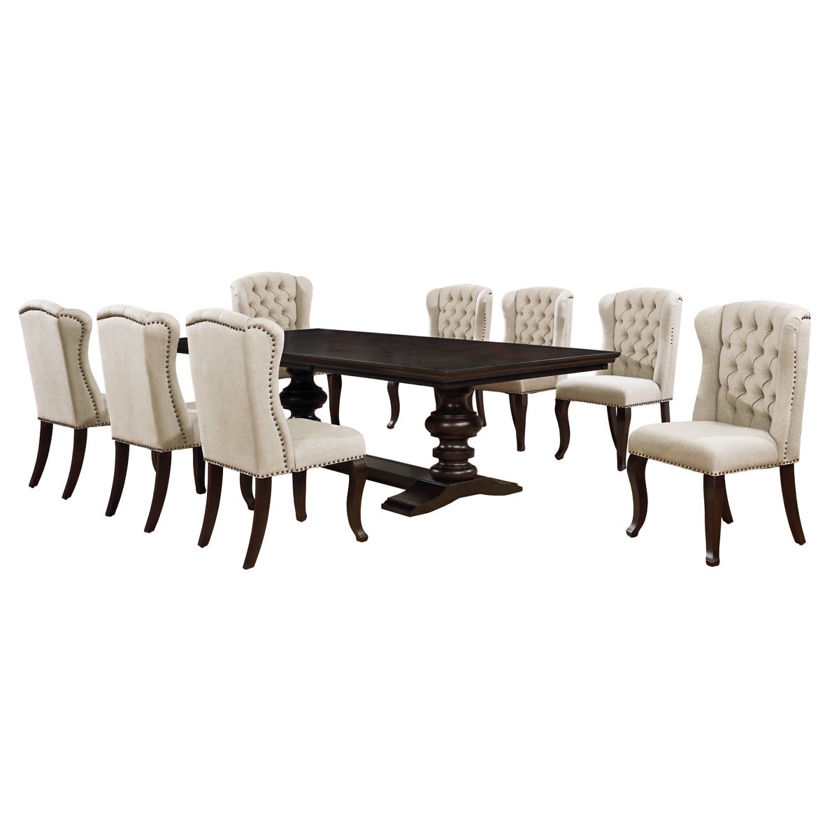 Condition photo showing New/Like New for gledhill 9 piece extendable 84" or 104"l dining set with 8 beige linen chairs (table when extended 46'' w x 104'' d)