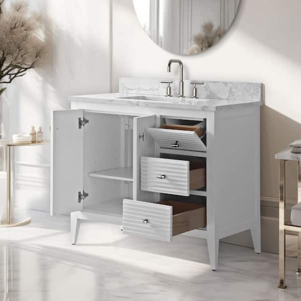 Condition photo showing New/Like New for laval 36 in. single sink freestanding white bath vanity with arabescato white engineered marble top h 38 in, w 36 in, d 22 in