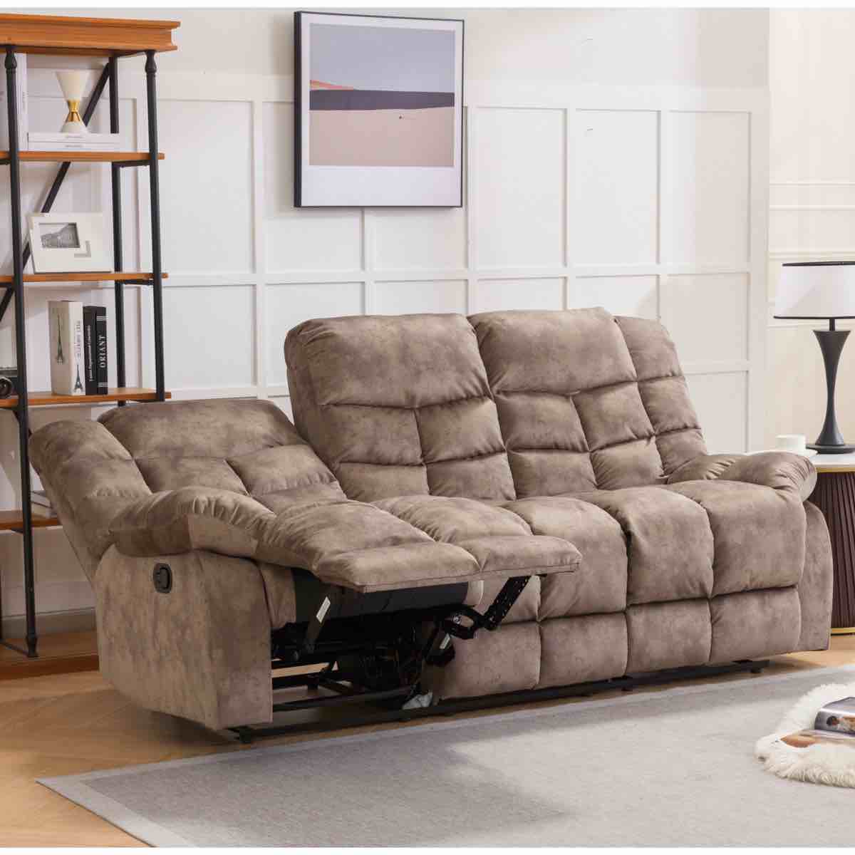 Condition photo showing New/Like New for edilmar 83.1'' wide contemporary and overstuffed manual reclining sofa with wide backrest 39'' h x 83.1'' w x 39.8'' d