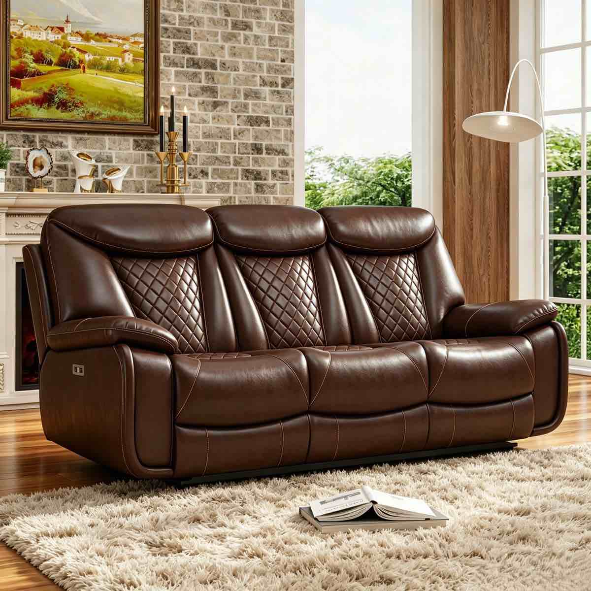 Condition photo showing New/Like New for madeira 84.6'' wide breathable leather pillow top arm power reclining sofa with diamond stitching 40.9'' h x 84.6'' w x 38.6'' d