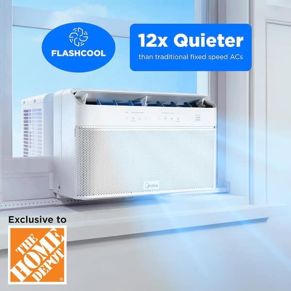 Condition photo showing New/Like New for 12,000 btu u+ smart inverter window air conditioner for rooms up to 550 sq. ft. with dual filter, remote in white h 13.46 in, w 19.17 in, d 21.97 in