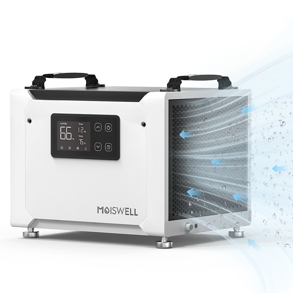 Condition photo showing New/Like New for moiswell 70-pint energy star dehumidifier with drain hose – ideal for basements, commercial use, crawl spaces & large rooms – auto defrost & portable design 12.3'' h x 13'' w x 15.5'' d