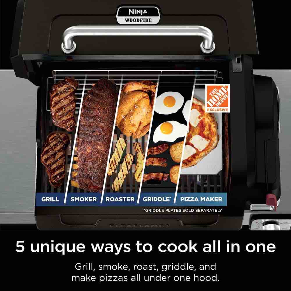 Condition photo showing New/Like New for flexflame plus 3-burner outdoor cooking bbq, 5-in-1 propane and electric grill, smoker, roaster, pizza maker in black h 48.31 in, w 25.08 in, d 60.12 in