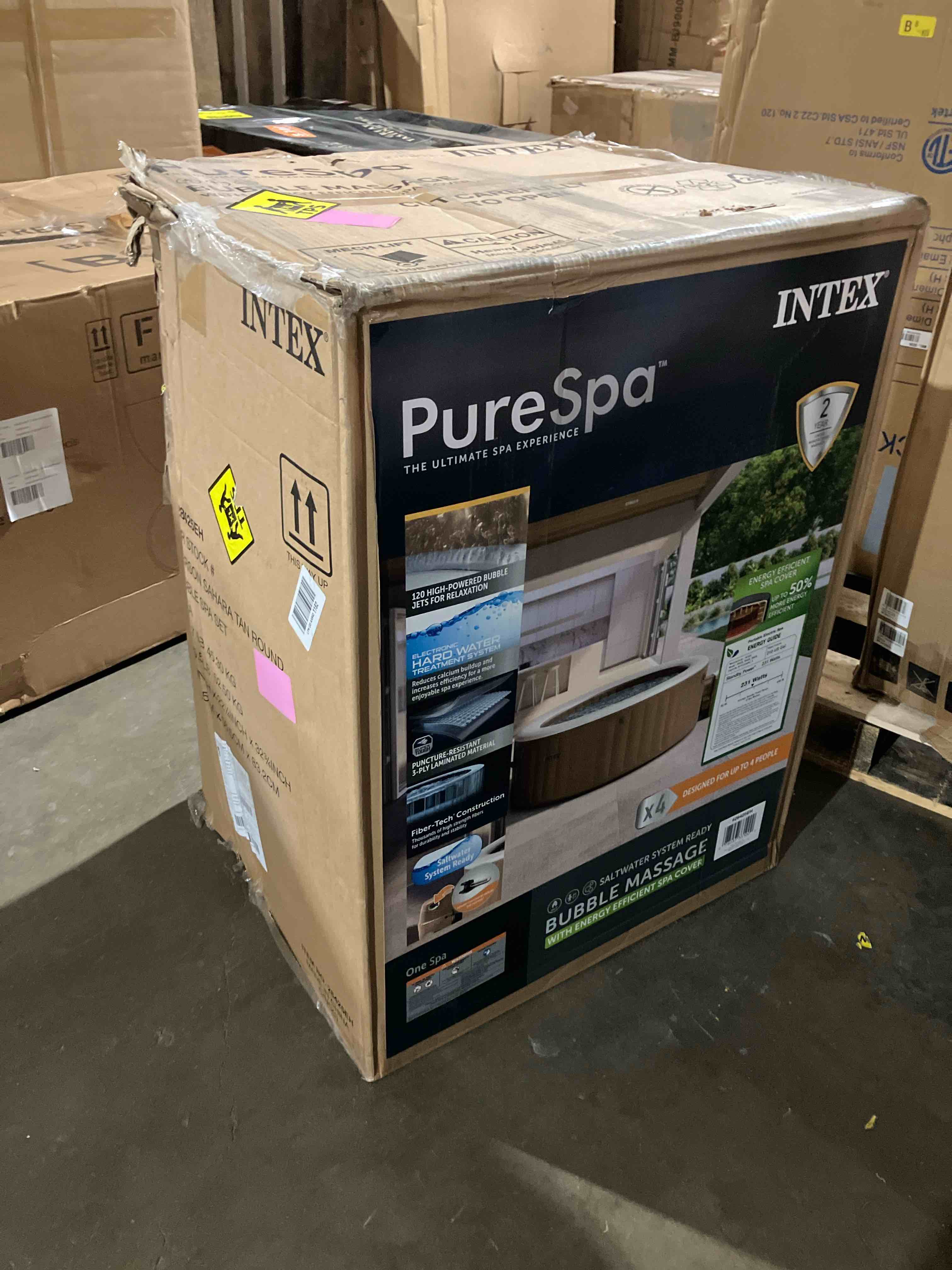 Condition photo showing New/Like New for intex 28425eh purespa bubble massage spa set outdoor inflatable portable hot tub, includes energy efficient spa cover, saltwater system ready, 4 person, 77in x 28in