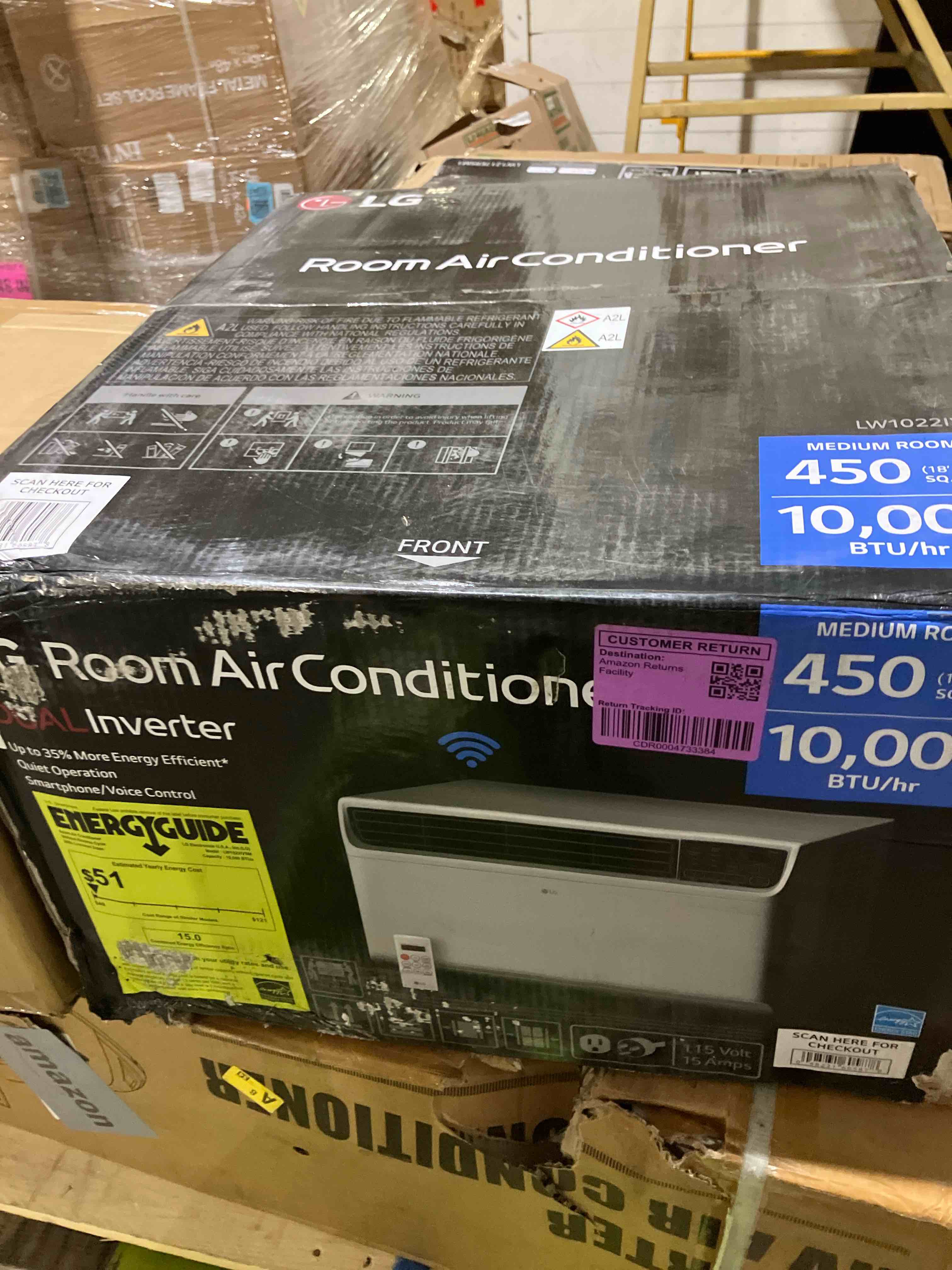 Condition photo showing New/Like New for lg 10,000 btu smart window air conditioner, 115v, cools 450 sq. ft. for bedroom, living room, apartment, dual inverter, quiet operation, energy star, works with lg thinq, amazon alexa and hey google