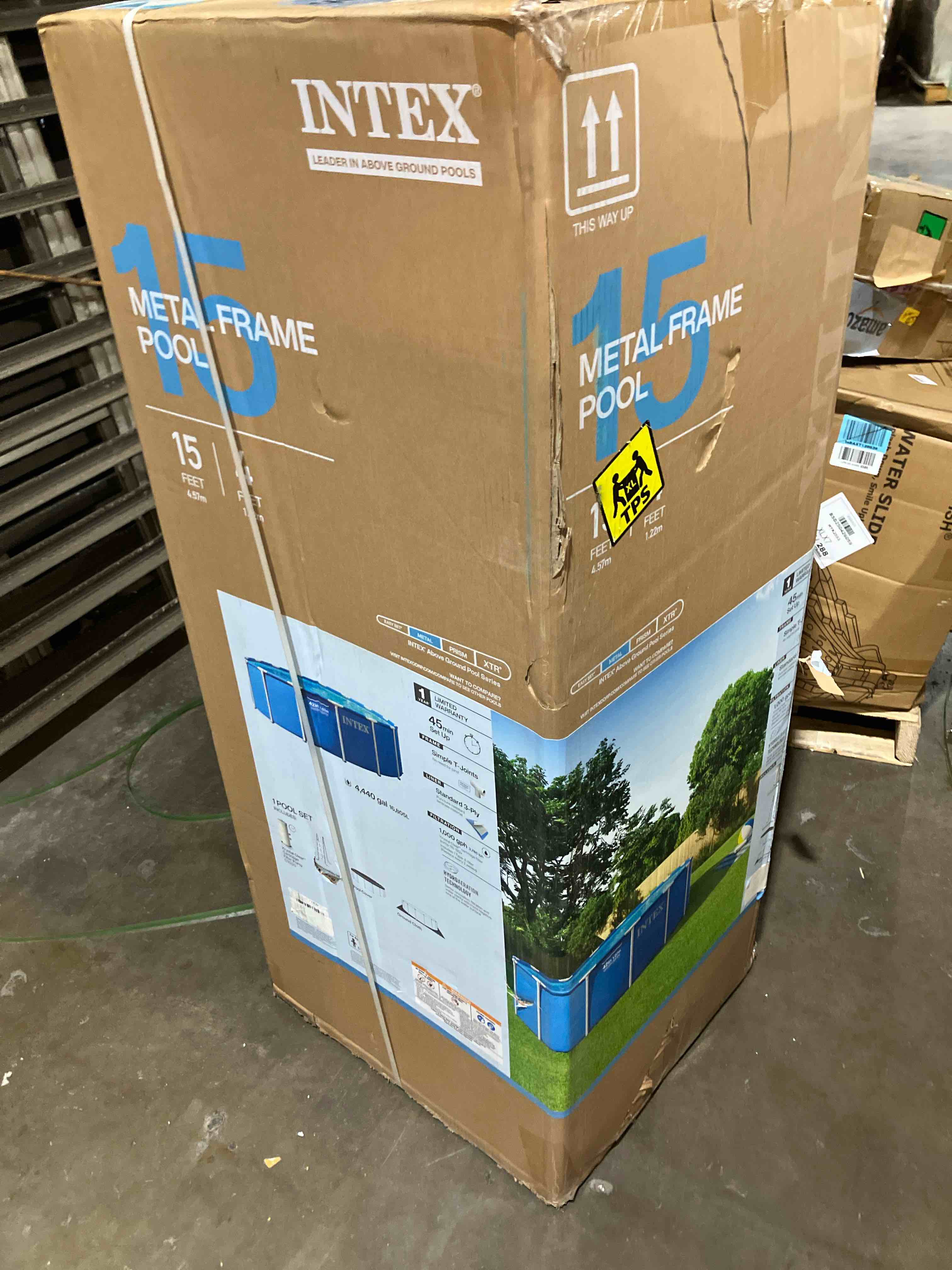 Condition photo showing New/Like New for intex metal frame 15 ft x 48 in above ground pool set, round swimming pool with steel frame, 1000 gph cartridge filter pump, and type a filter cartridge white filter pump 15' x 48"