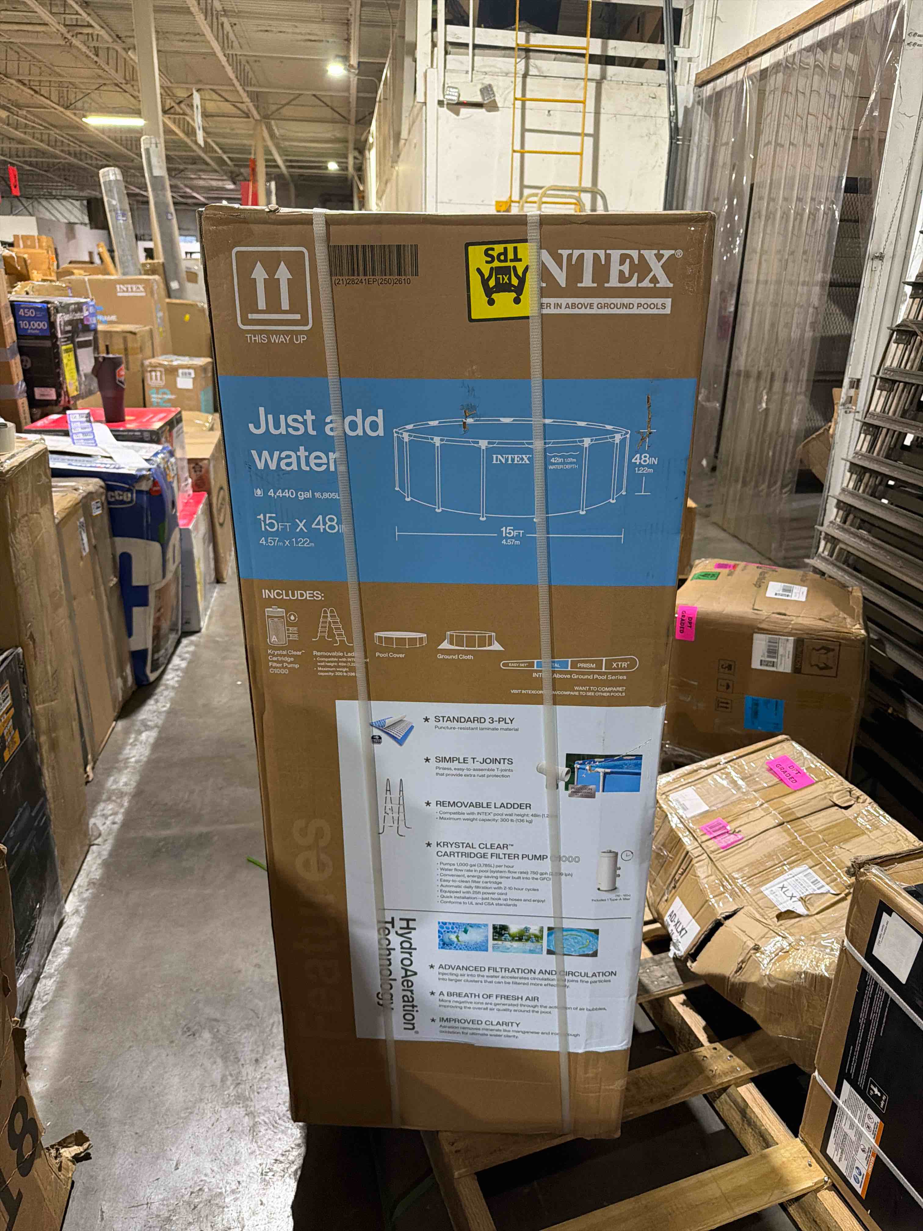 Condition photo showing New/Like New for intex metal frame 15 ft x 48 in above ground pool set, round swimming pool with steel frame, 1000 gph cartridge filter pump, and type a filter cartridge white filter pump 15' x 48"