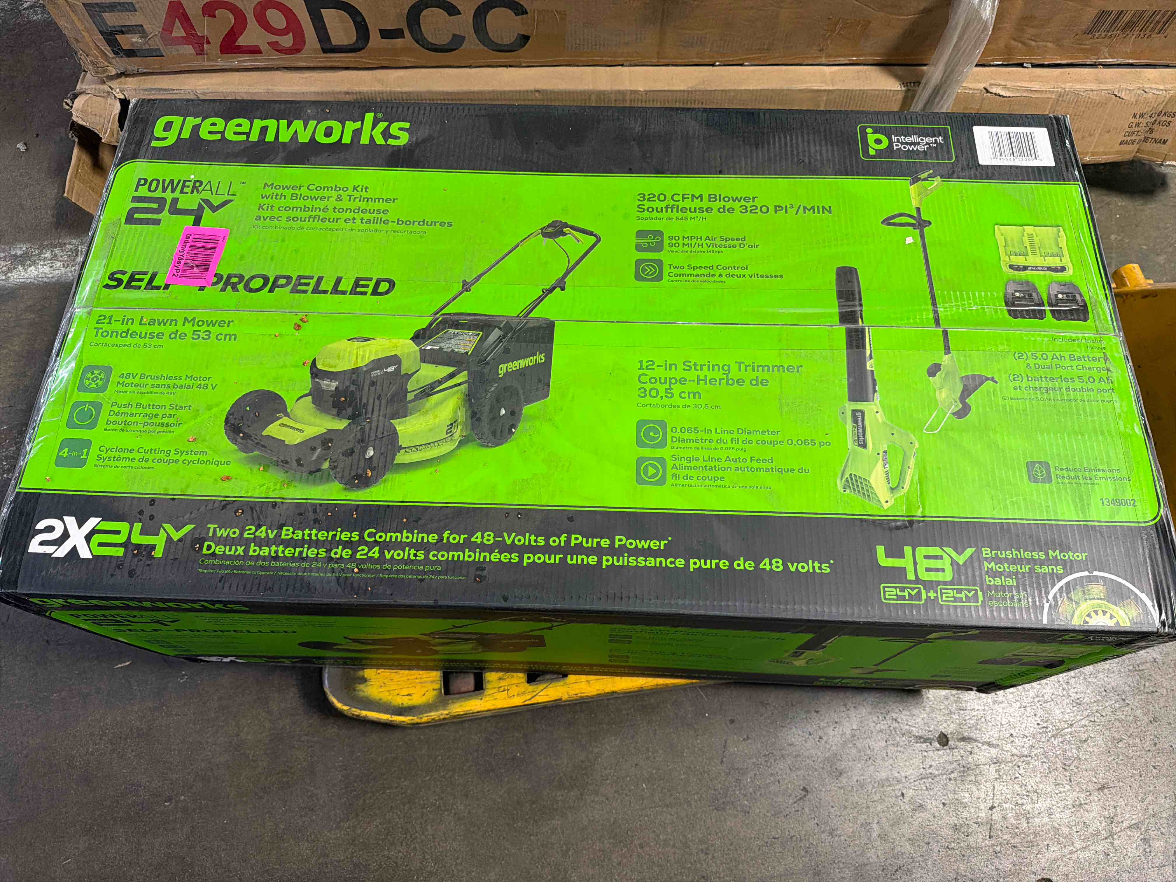 Condition photo showing New/Like New for greenworks 48v (24v x 2) 21" brushless self-propelled mower+12" string trimmer+320cfm blower,(2) 5.0ah batteries and 4a dual port charger 21" 3 piece combo (2x5.0ah)