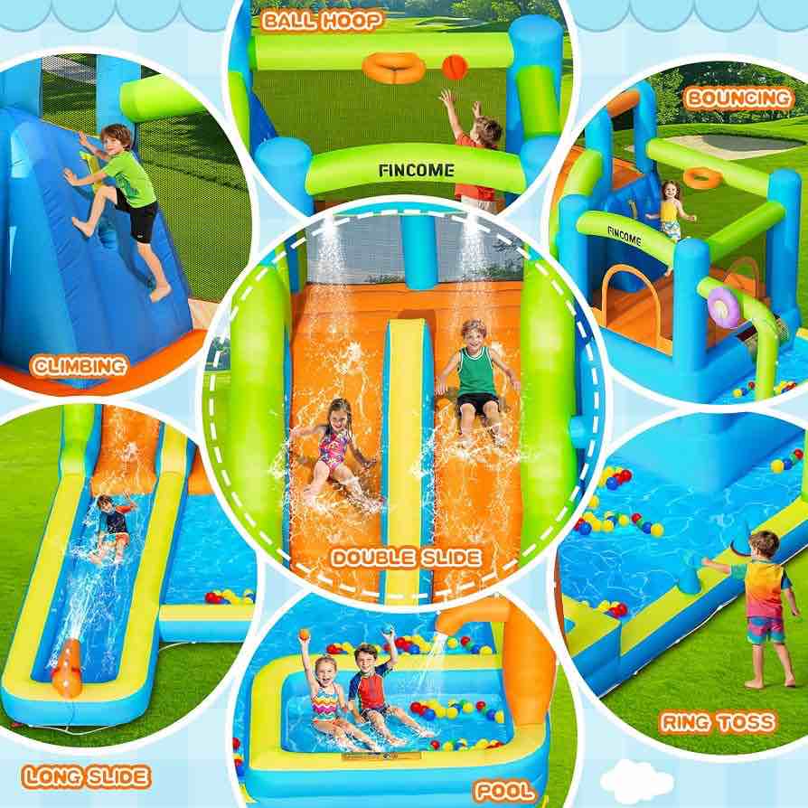 Condition photo showing New/Like New for water bounce house with double slide for kids 3-10, large inflatable water bouncy castle with long water slide jumping climbing pool air blower, bouncy house for party birthday holiday summer 15.6*13.7*6.9ft