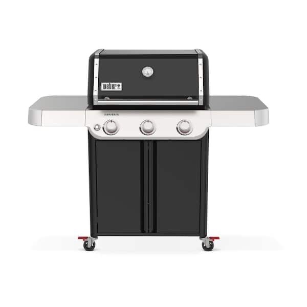 Condition photo showing New/Like New for genesis e-315 3-burner propane gas grill in black with cast-iron grates h 48.1 in, w 57.7 in, d 27 in