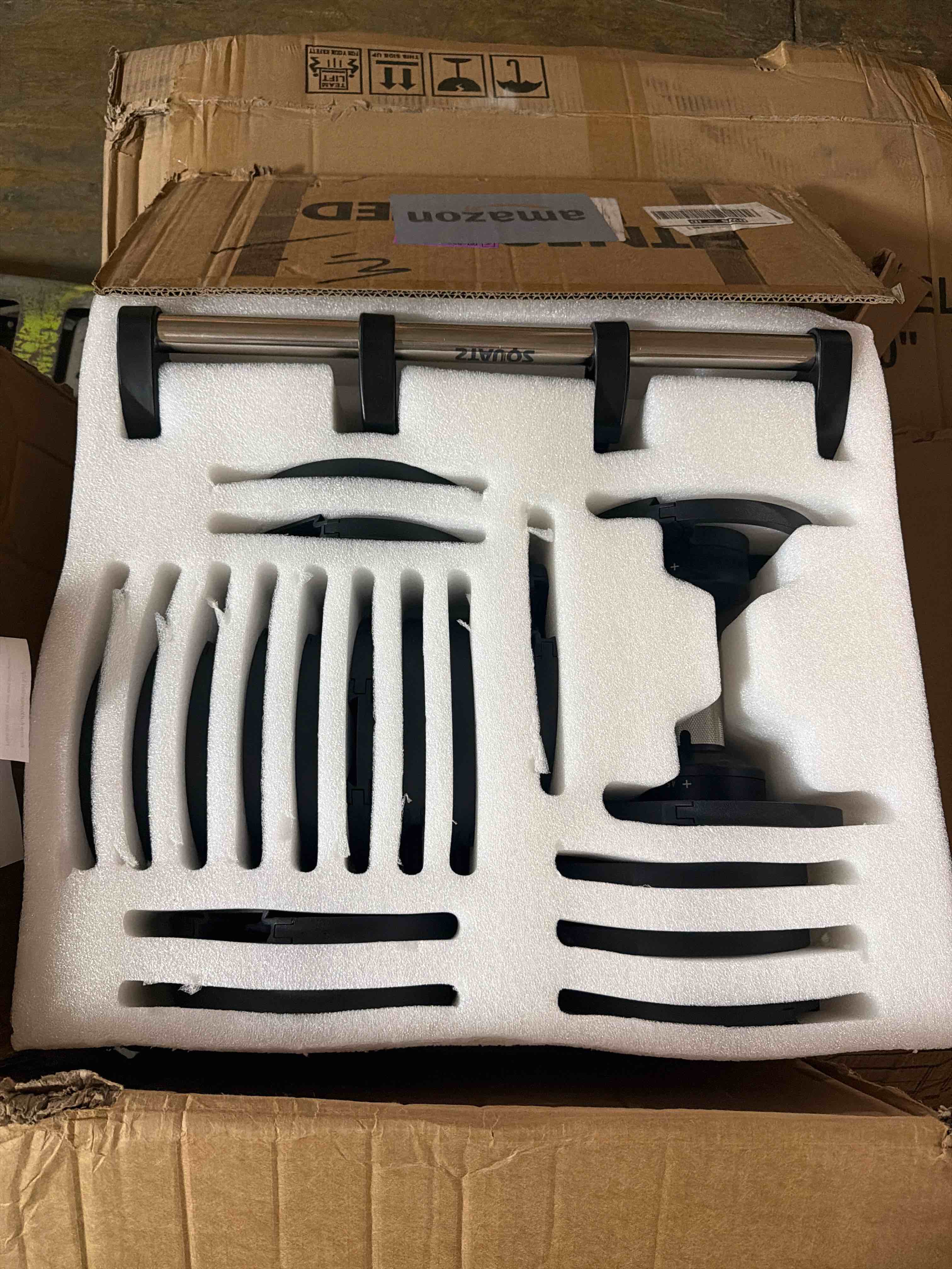 Condition photo showing New/Like New for squatz adjustable dumbbells with quick weight change, space-saving dumbbell set with anti slip handle, secure locking system, heavy duty plates & base for home workout and strength training