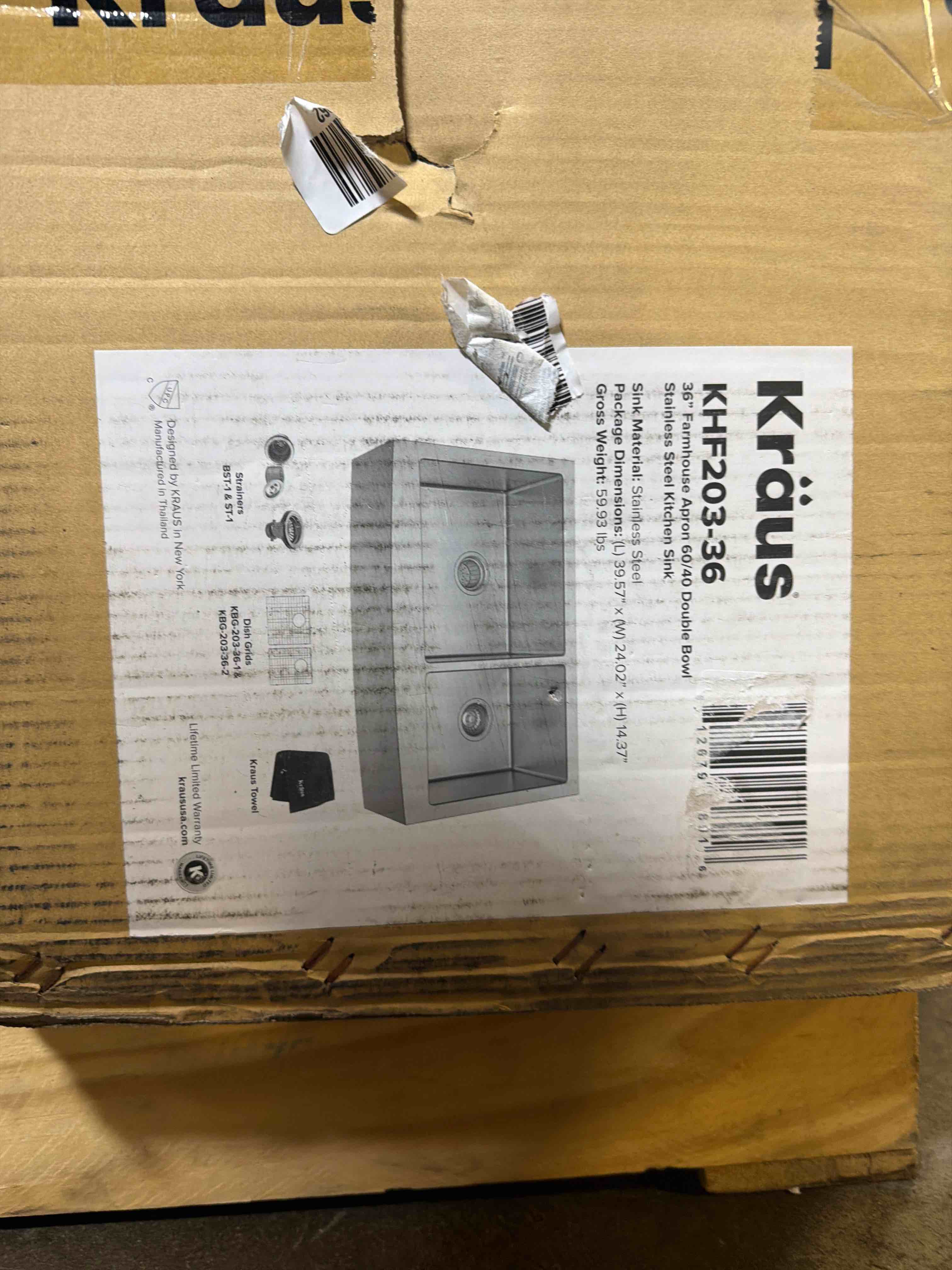 Condition photo showing New/Like New for kraus khf203-36 standart pro kitchen stainless steel sink, 36 inch round apron 60/40 double bowl