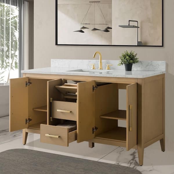 Condition photo showing New/Like New for 60 in. w x 22 in. d x 38 in. h single sink bath vanity in natural oak with engineered marble top in arabescato white