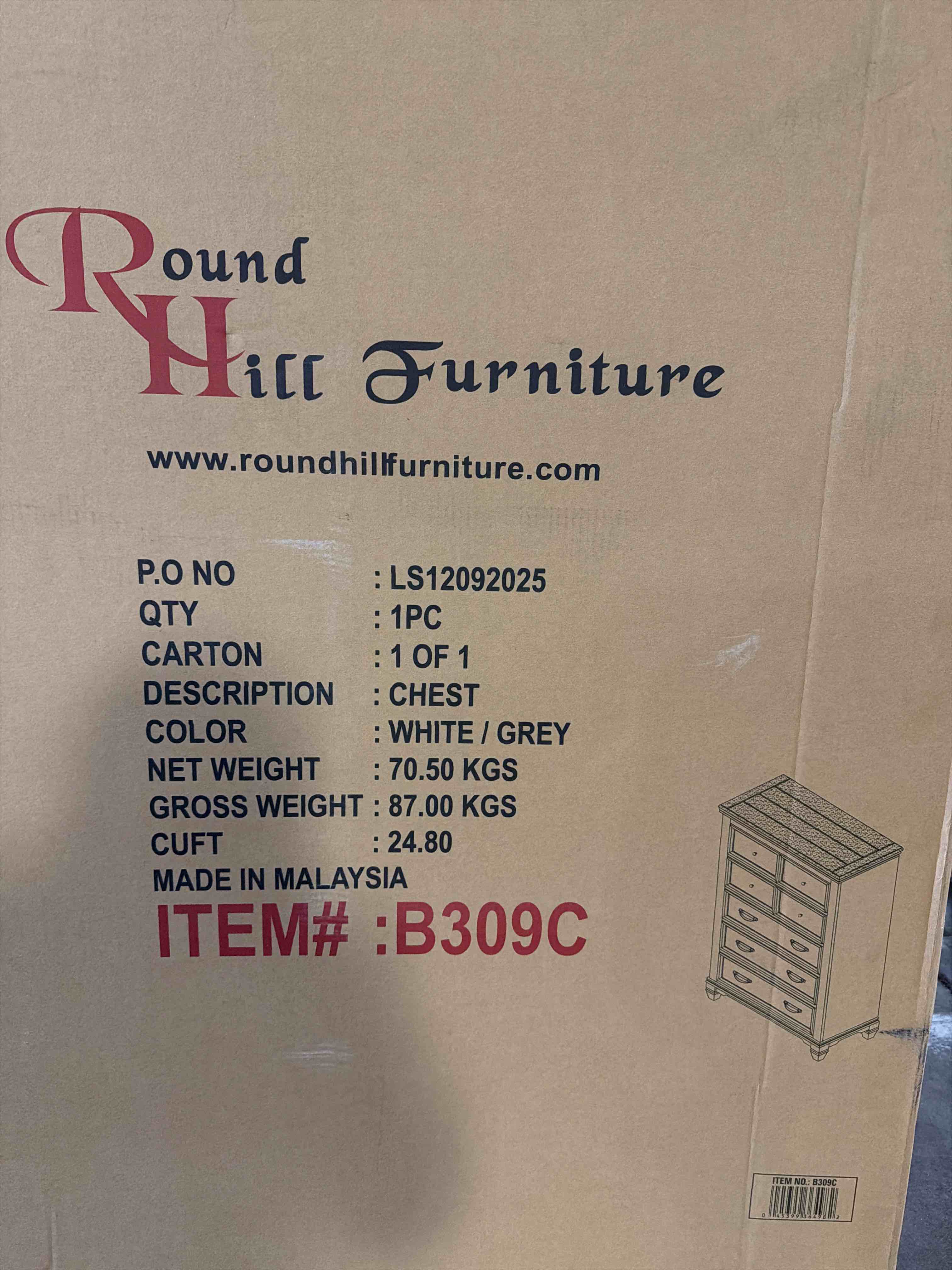 Condition photo showing New/Like New for clelane wood 5-drawer chest, weathered white and gray