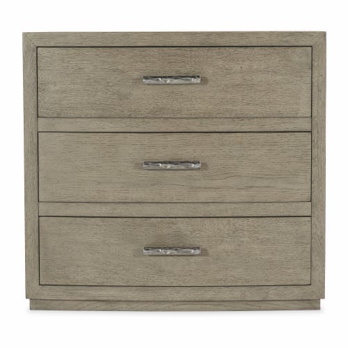 Condition photo showing New/Like New for linville falls soft smoked gray ashford three drawer nightstand, overall dimensions 32"w x 20"d x 30"h