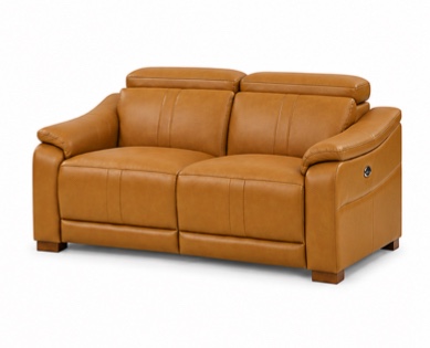 Condition photo showing New/Like New for 2-piece caramel brown leather power reclining loveseat with adjustable headrests - 2 boxes