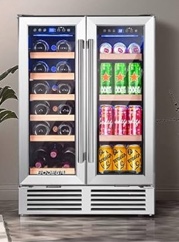 Condition photo showing New/Like New for bodega 24 inch wine and beverage refrigerator, dual zone wine and bar beverage cooler, commercial black bar cooler with 2 glass doors, bar fridge hold 19 bottles and 57 cans,built-in or freestanding. 24 inch (19 bottles and 57 cans) silver